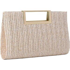 Women Summer Straw Woven Tote Bag White Crossbody Purse with Gold Chain